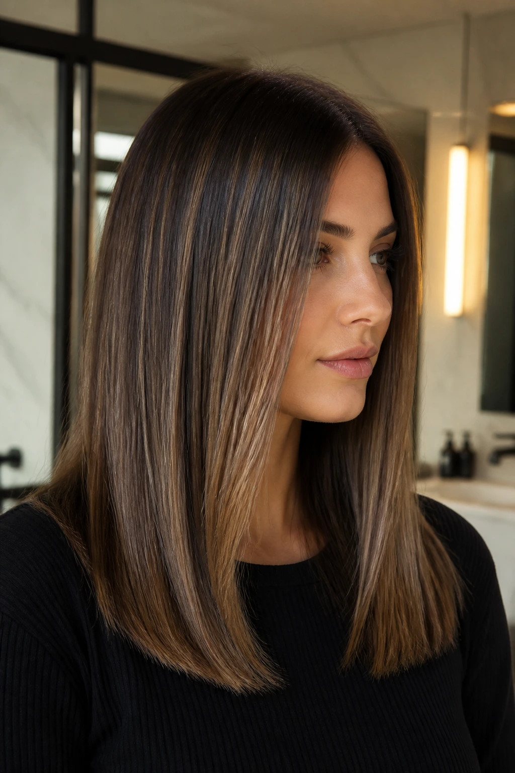Close-up of smoked bronze balayage on straight hair with muted metallic shine
