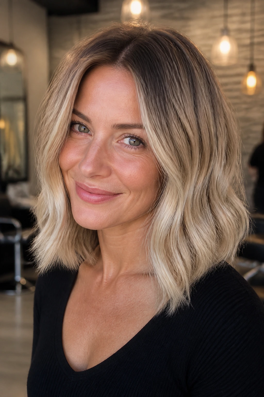 Close-up portrait of a real woman with smoked butter blonde hair and smoky root