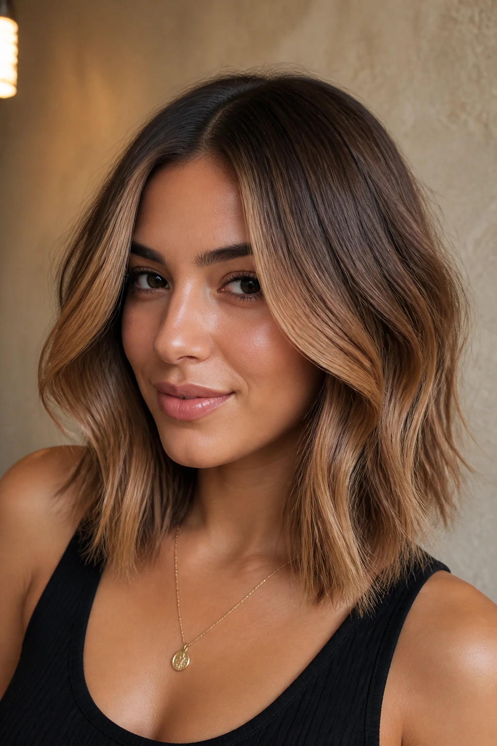 Face-framing smoked caramel contour on shoulder-length hair in warm light