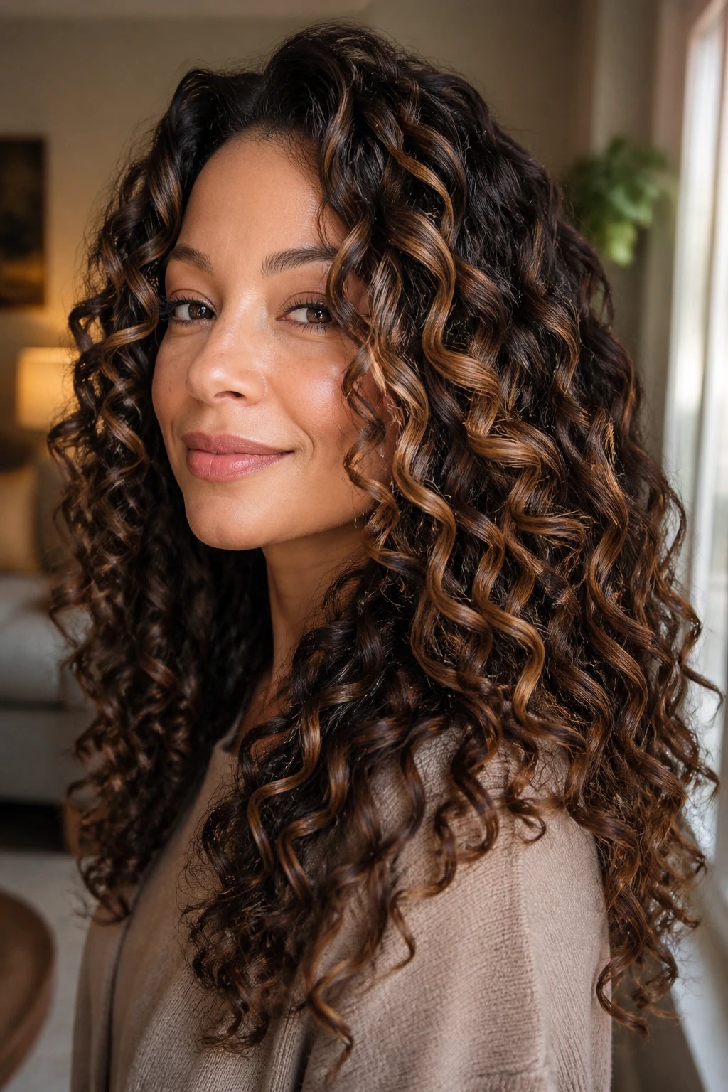Close-up portrait of deep brunette curls with smoked caramel balayage
