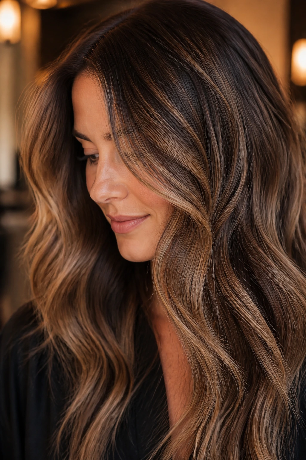 Close-up of smoked caramel balayage ribbons on wavy hair.