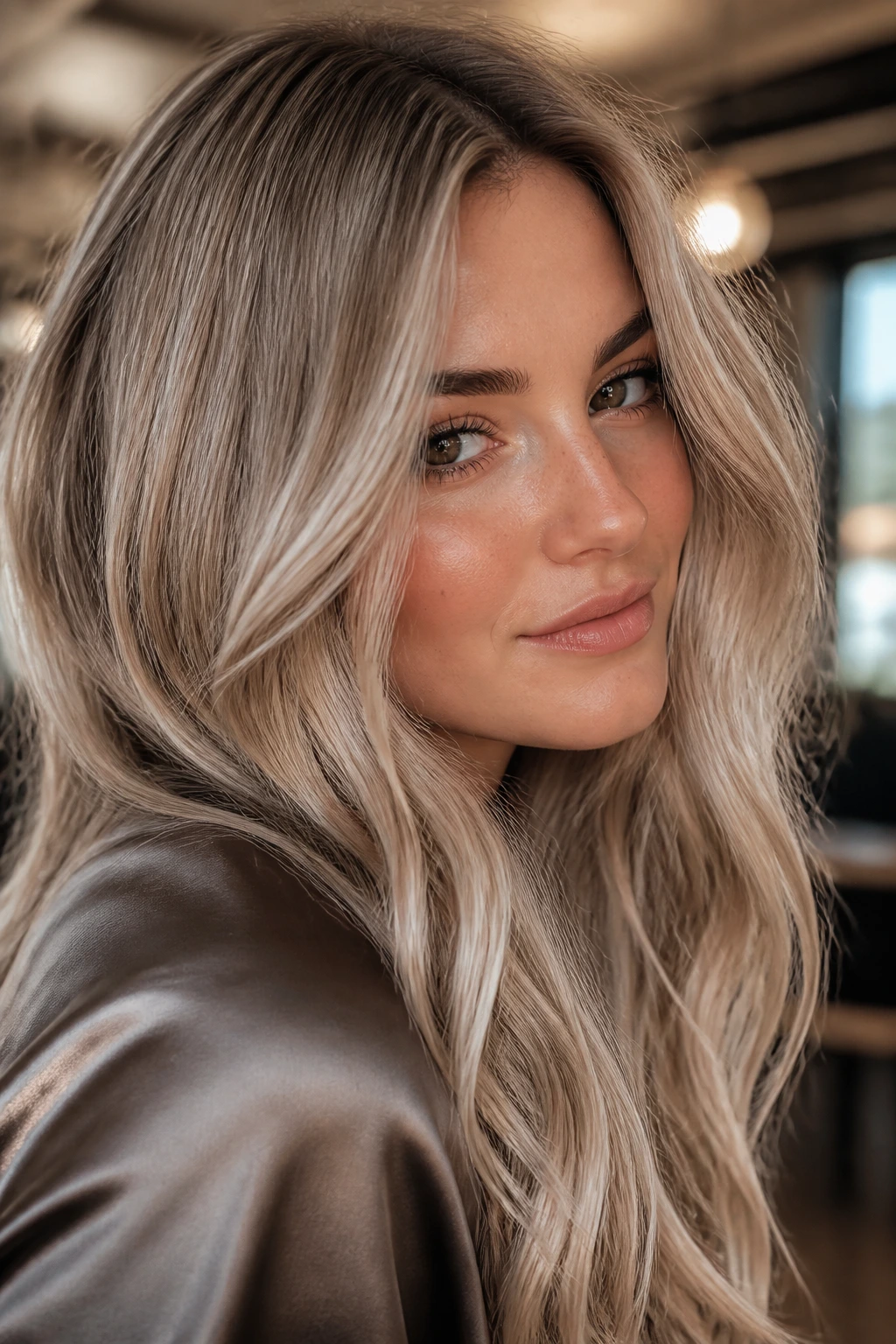 Portrait of smoked champagne blonde tones with ash backdrop on a real person