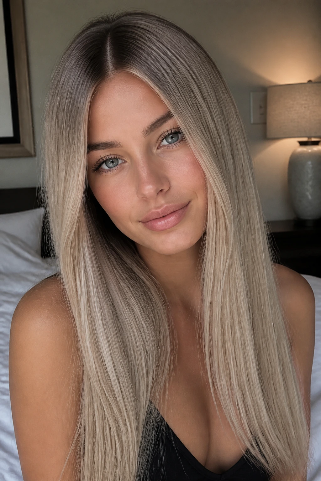 Close-up of a woman with smoked champagne blonde hair and a centered part