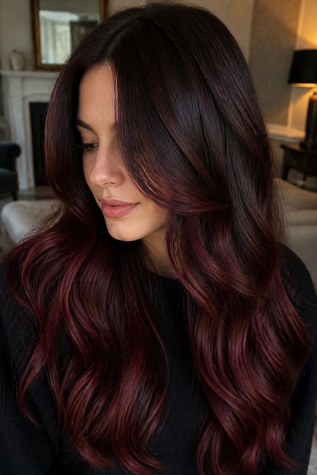 Close-up of a real woman with smoked cherry cola ombre on long hair