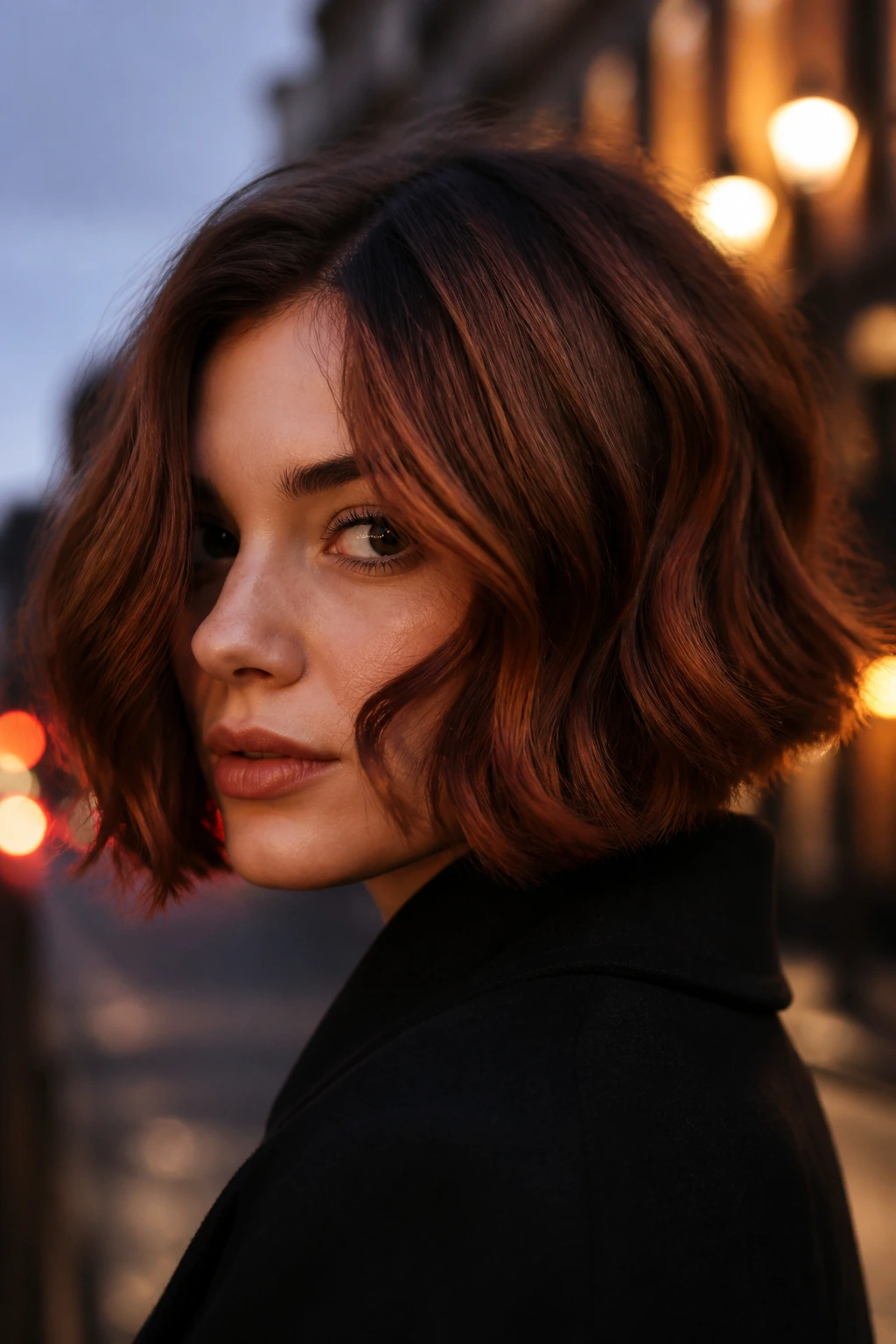Close-up of a real person with a smoky copper Bob and smoky brown base