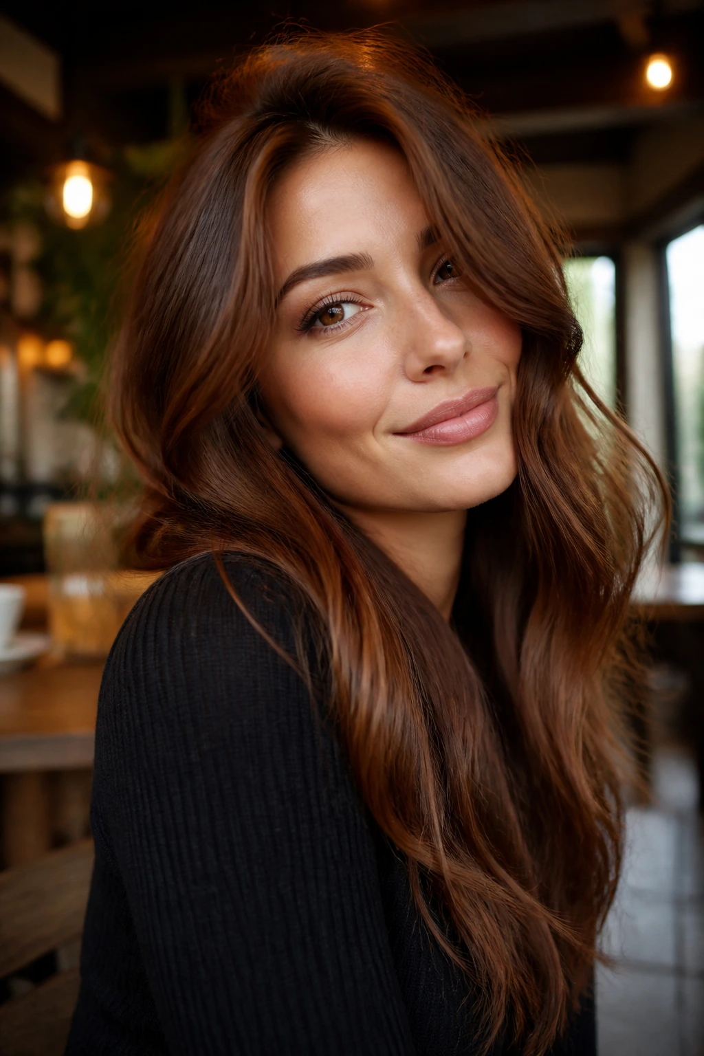 Close-up of a real person with smoked copper brunette in warm café lighting