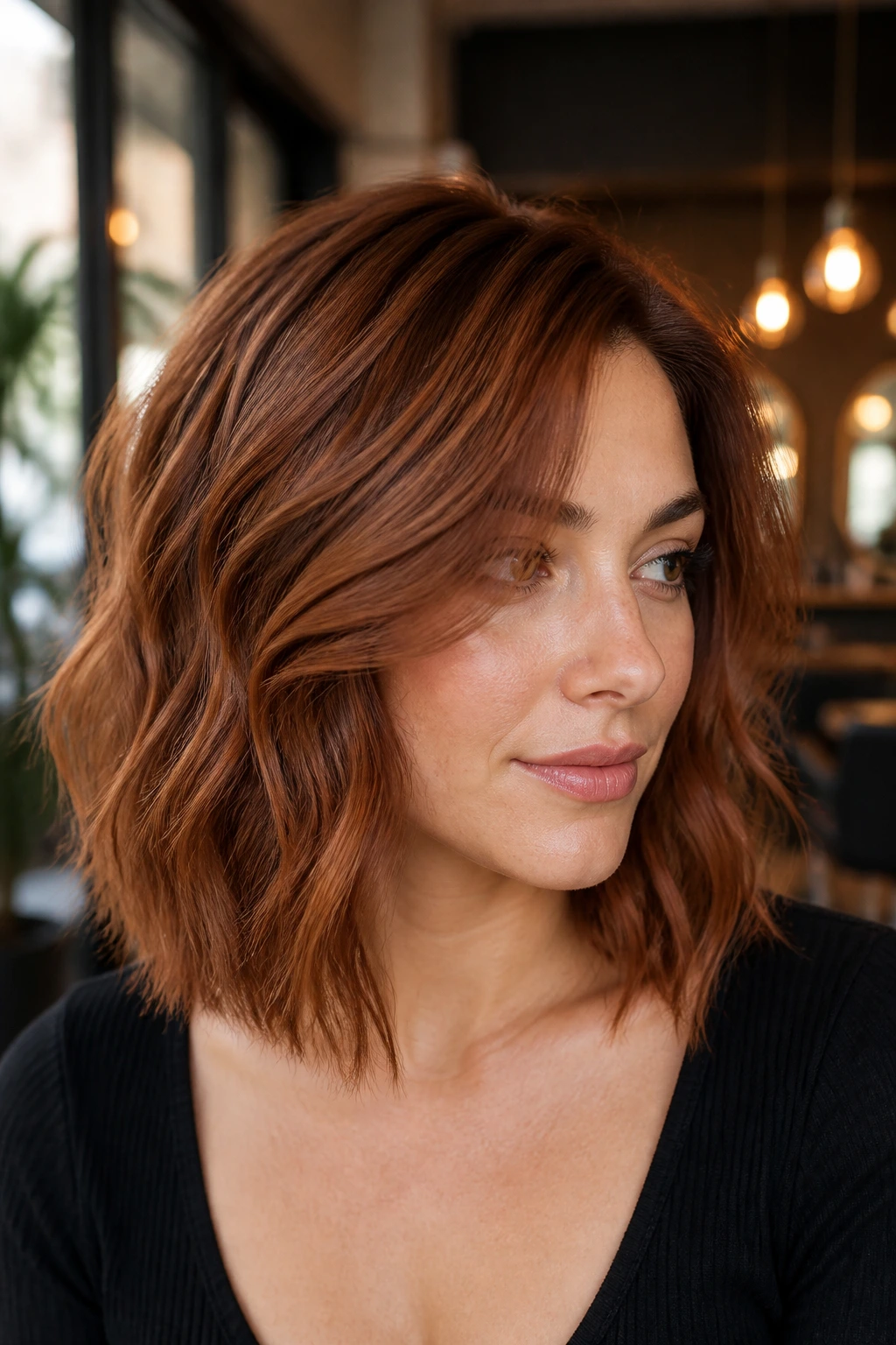 Close-up portrait of a real woman with smoked copper hair and ash brown lowlights on a medium-length textured lob