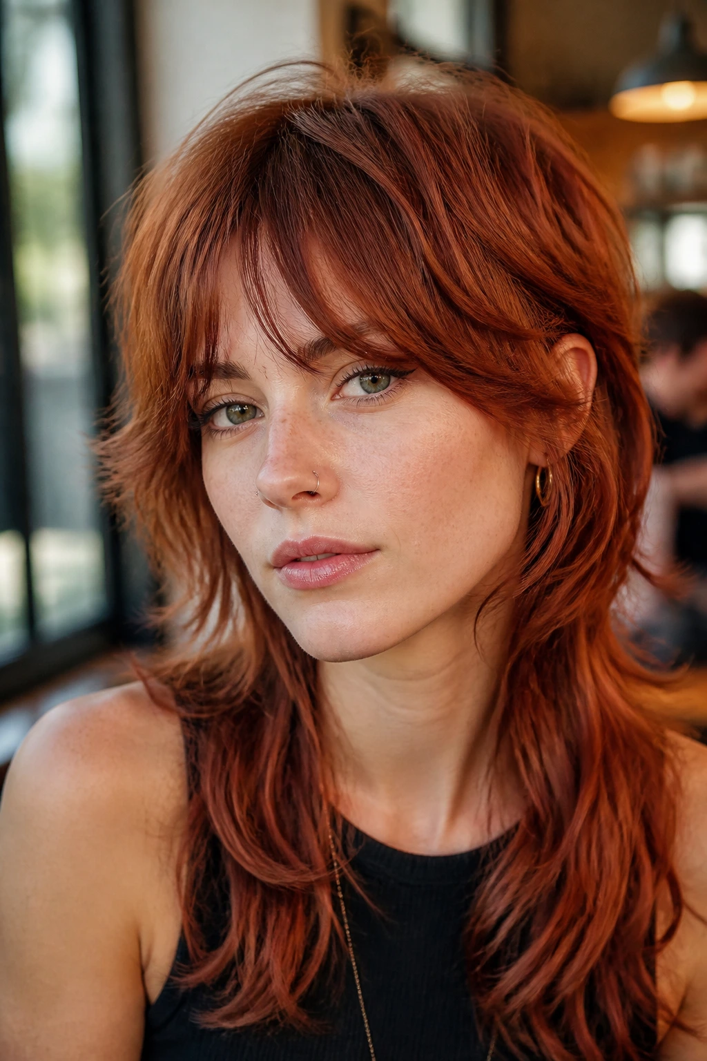 Close-up of a real person with bottleneck bangs and smoked copper mullet.