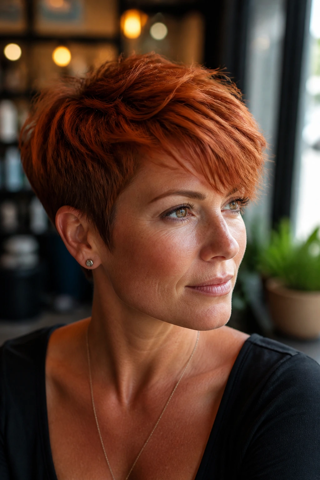 Close-up portrait of a real woman with a smoked copper pixie haircut in natural window light