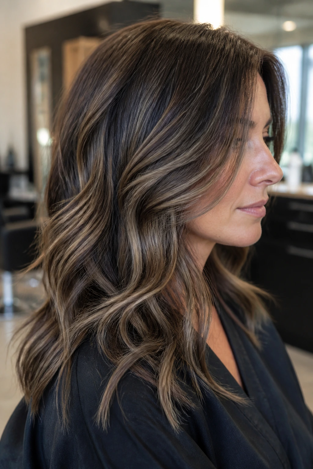 Side-profile of a real woman with smoked hazel balayage and ash-hazel ribbons