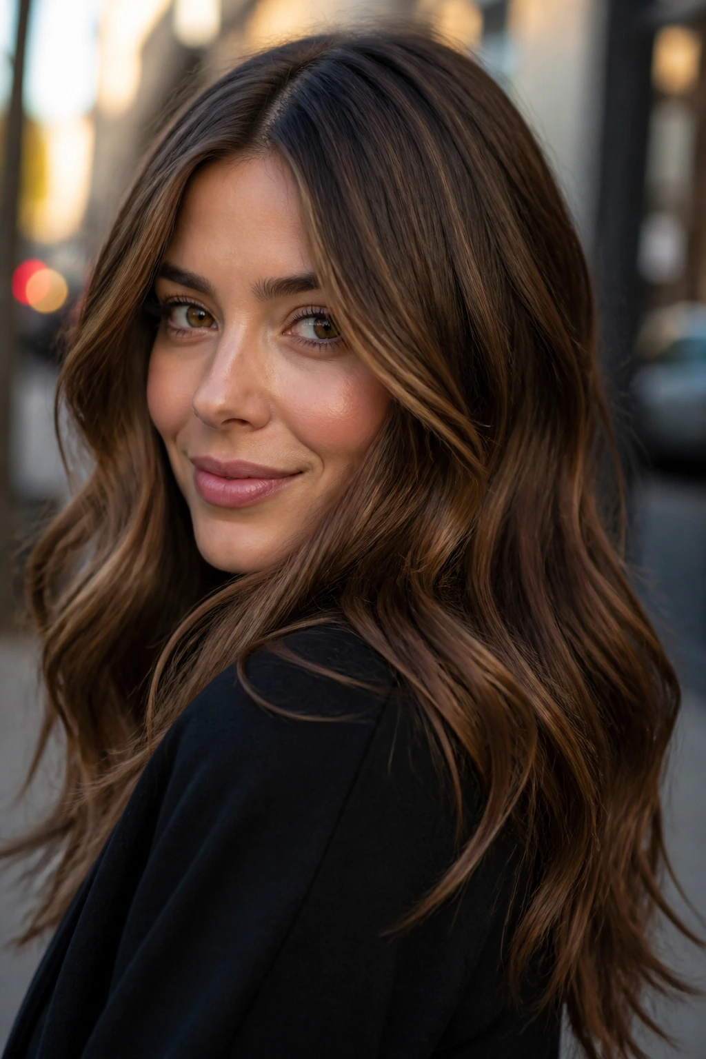 Close-up of a real woman with smoked maple brunette hair in natural light