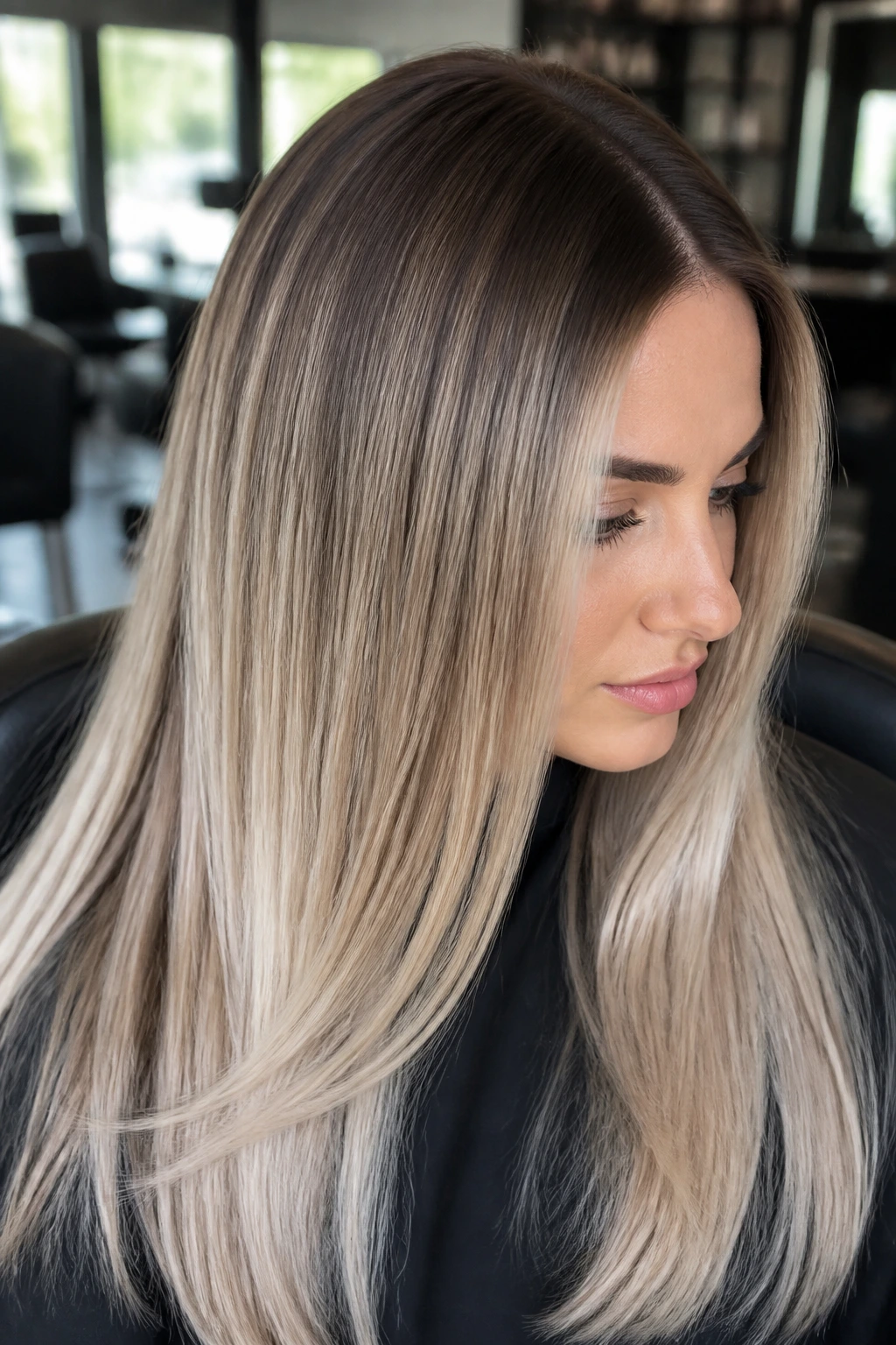 Close-up of a real woman's hair with a smoked-out root melt from dark roots to lighter ends in natural daylight