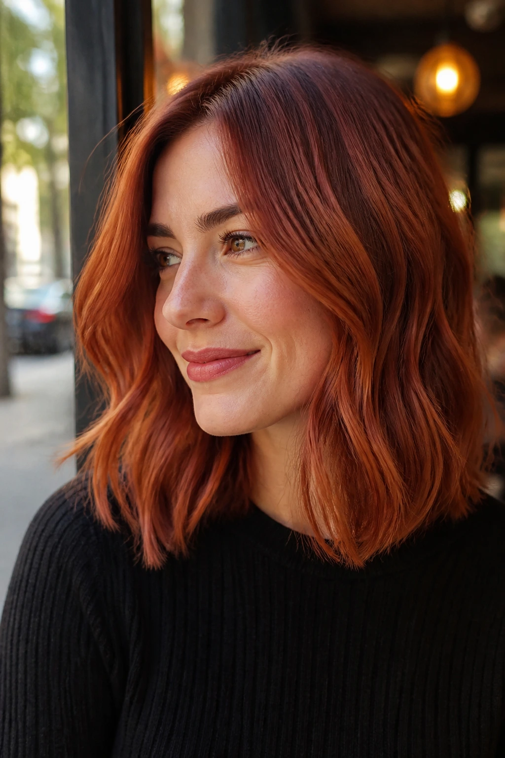 Medium close-up of Smoked Paprika Lob on a real woman in cafe daylight
