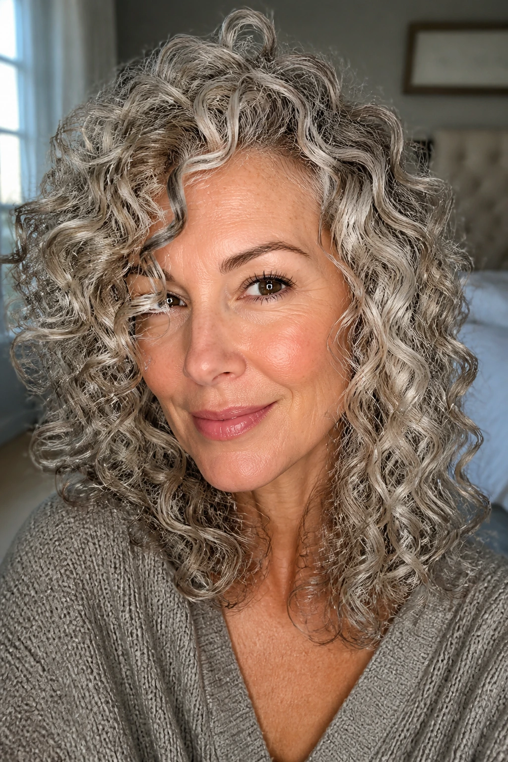 Close-up of Smoked Pearl Blonde curls on a real woman