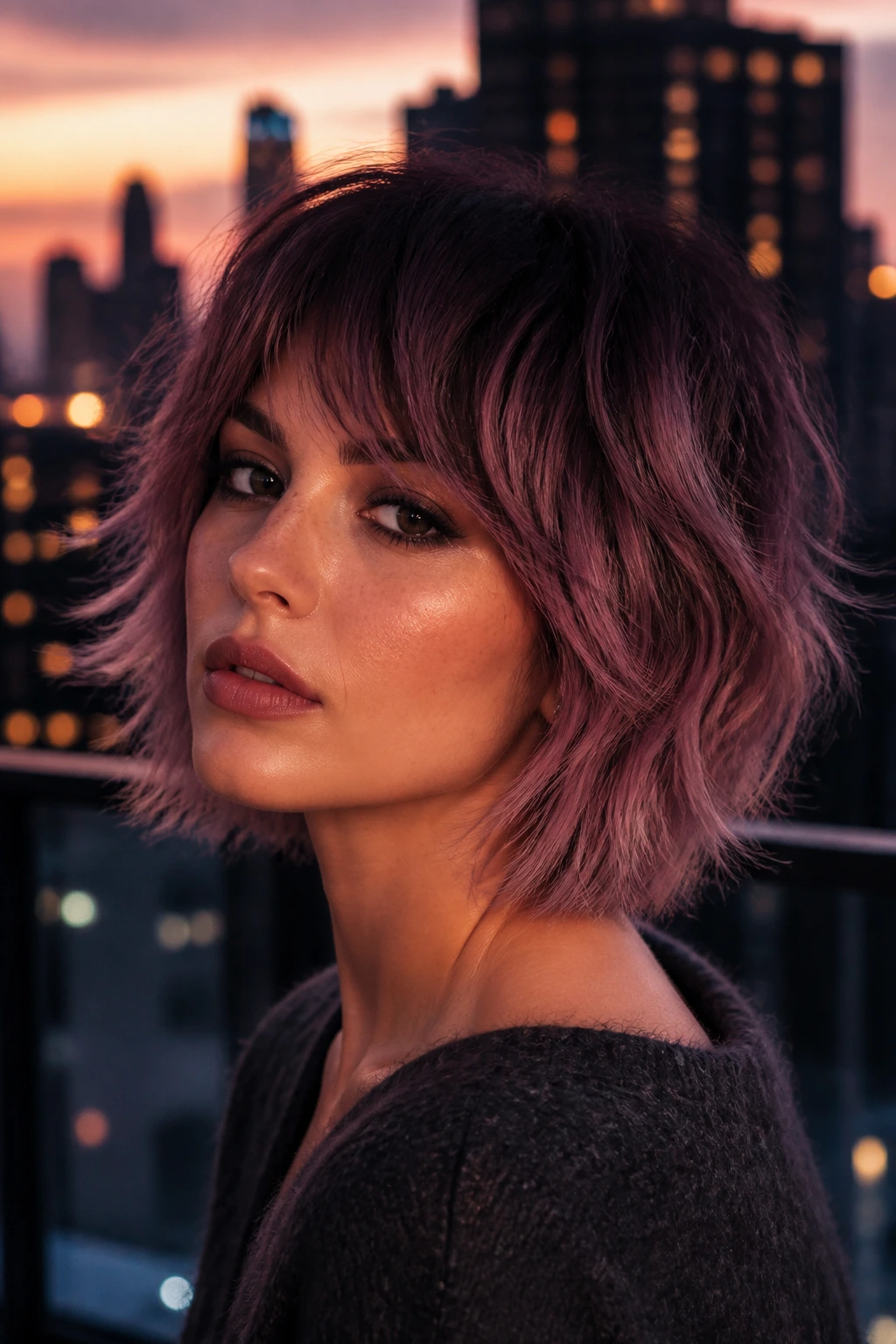 Short shag ombre smoked plum to mauve under dusk light