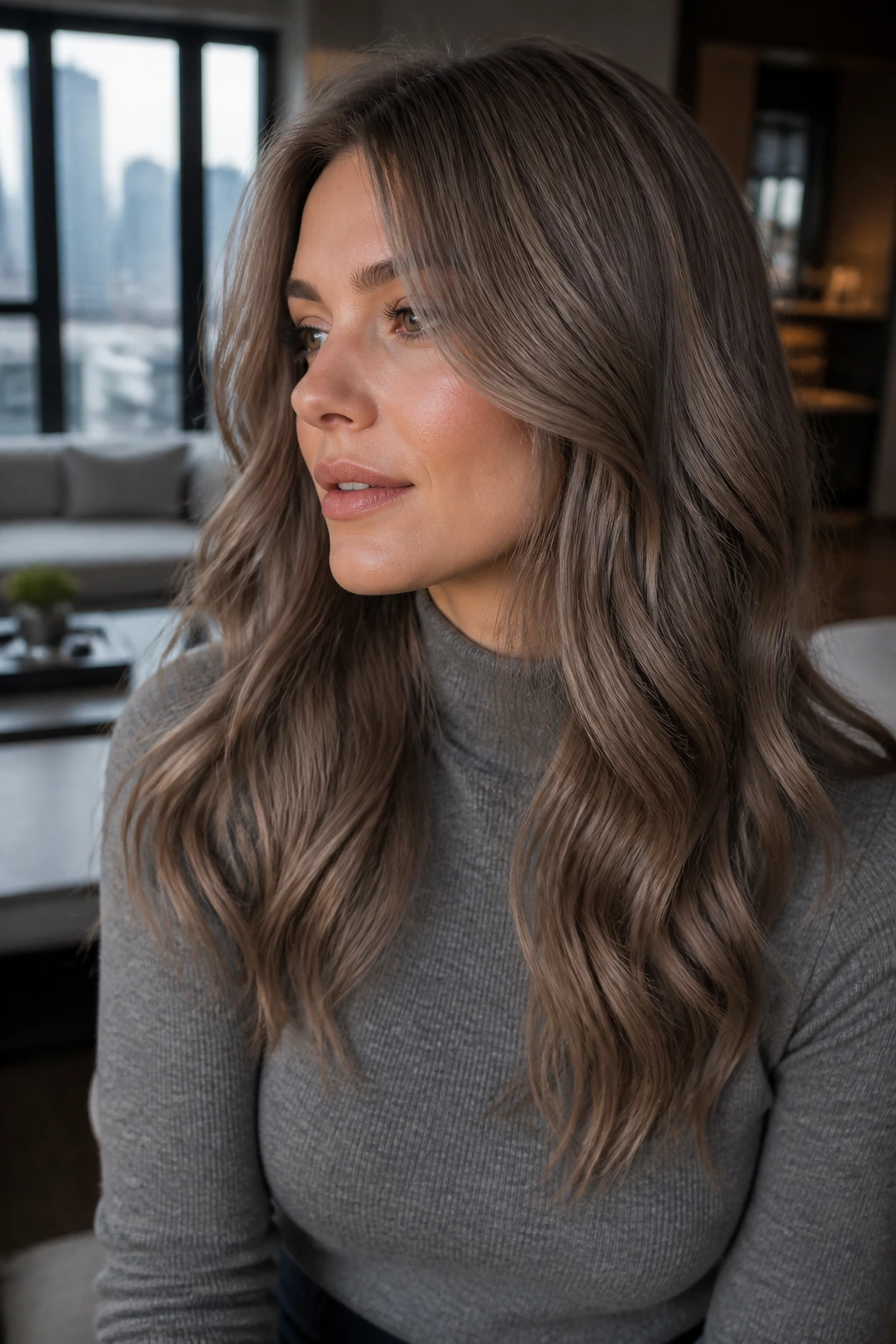 Close-up portrait of a real woman with Smoked Taupe hair and cool beige-gray tones
