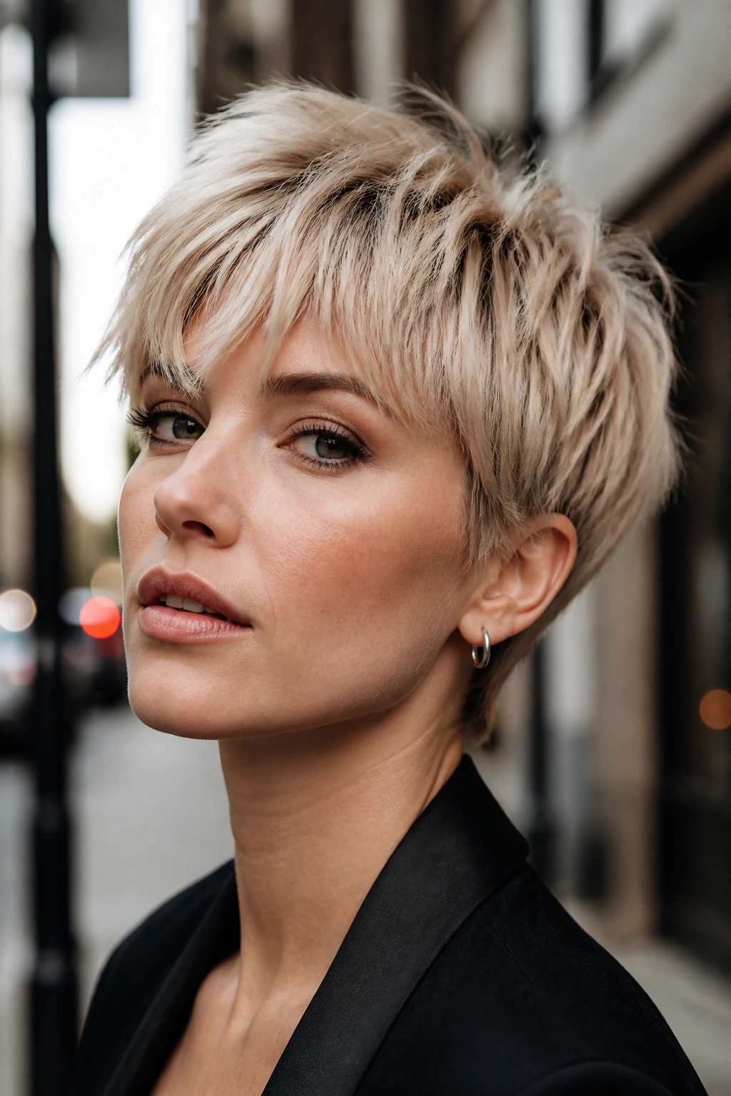 Portrait of a woman with smoked vanilla pixie and choppy fringe