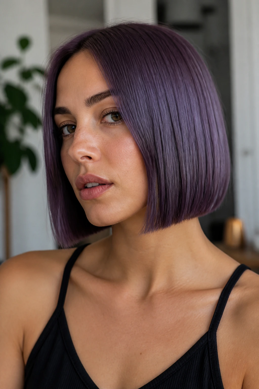 Close-up of a real woman with a blunt smoky amethyst bob in natural window light