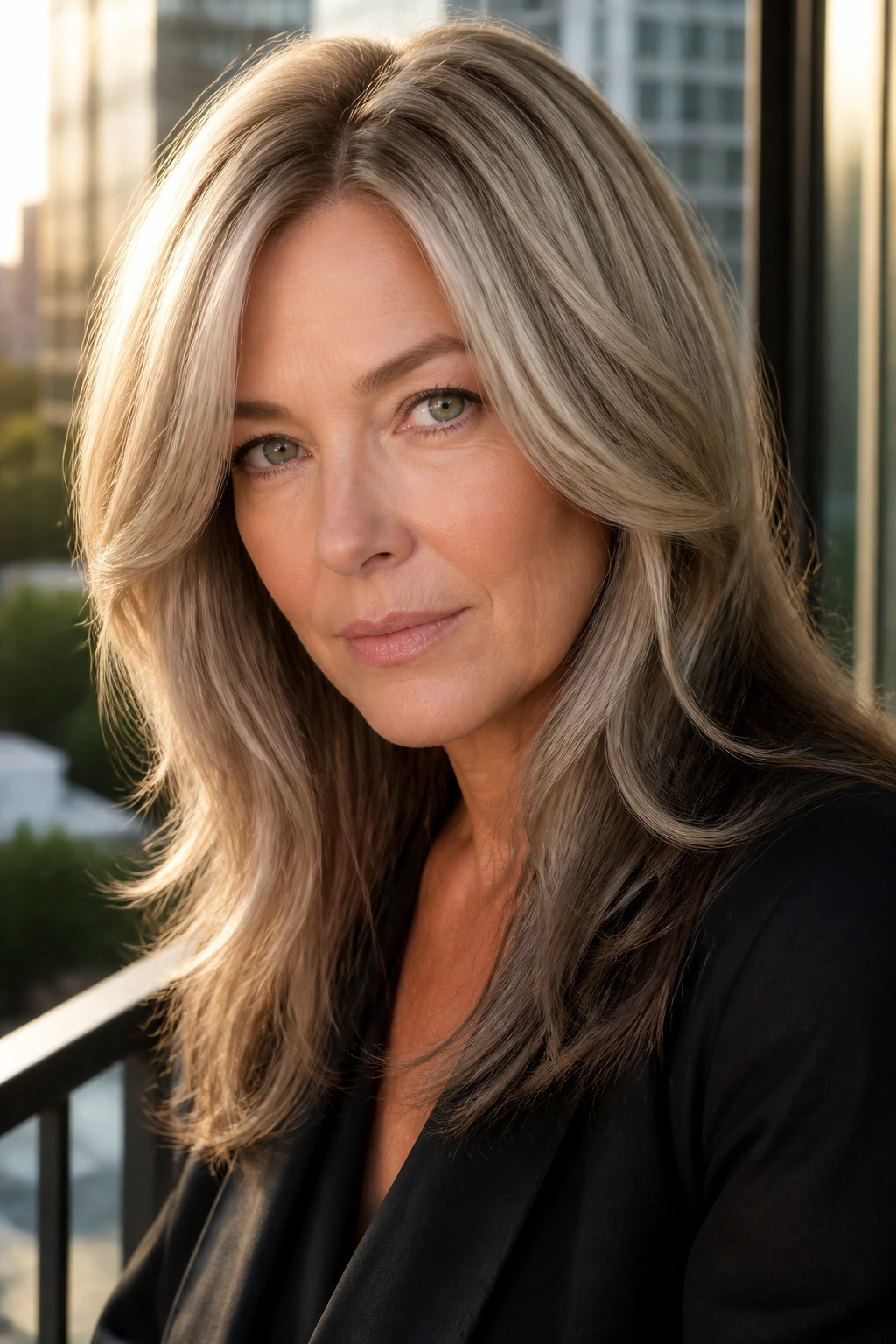 Close-up of a real woman with smoky ash blonde hair and cool beige-ash balance.
