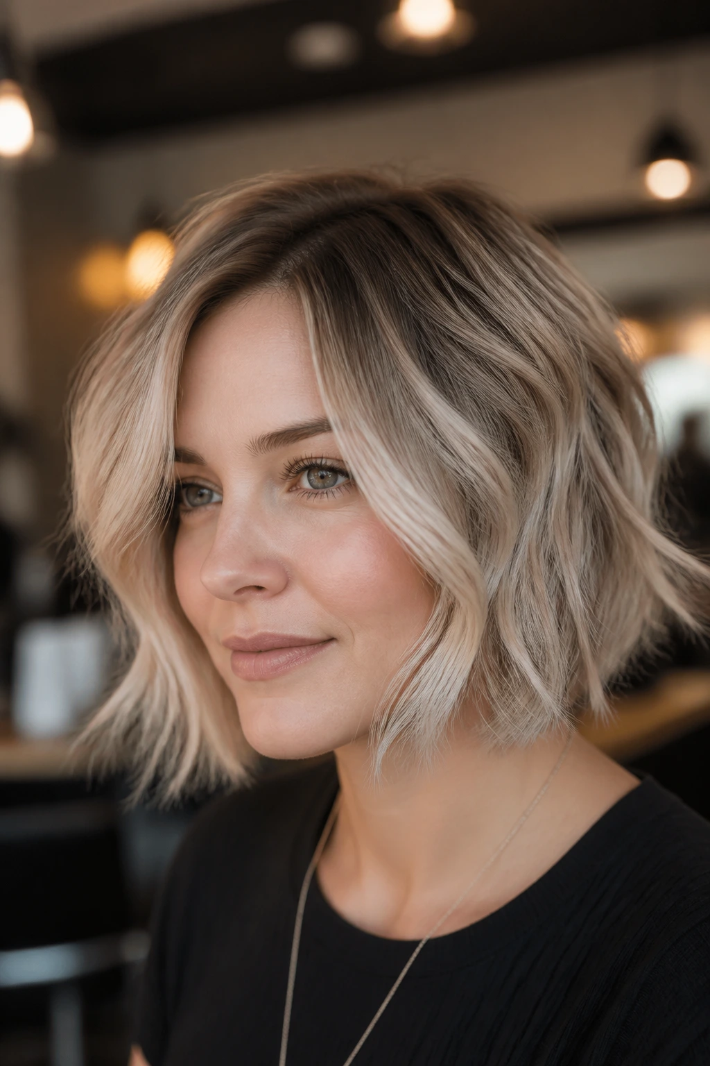 Close-up of smoky ash blonde bob with soft root melt