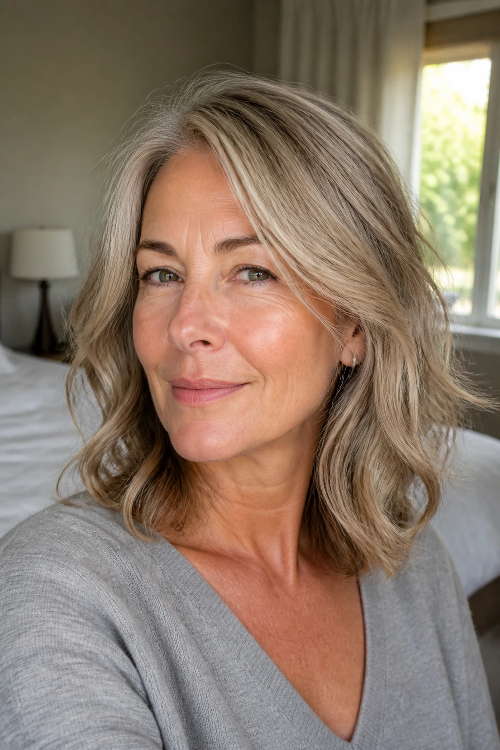 Close-up portrait of a woman with smoky ash blonde hair