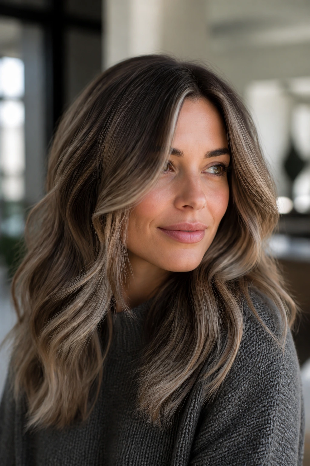 Cool ash-beige bronde with hazy finish and subtle front highlight.