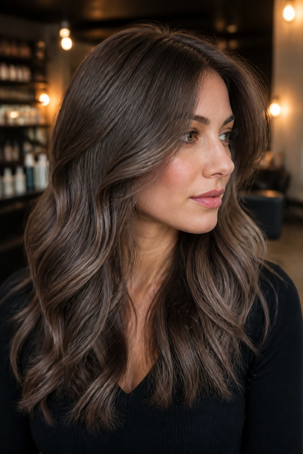 Close-up of brunette with smoky ash brown hair in a modern salon.