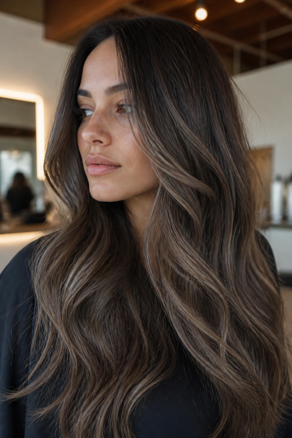 Close-up of a real woman with smoky ash brown balayage through canopy and ends