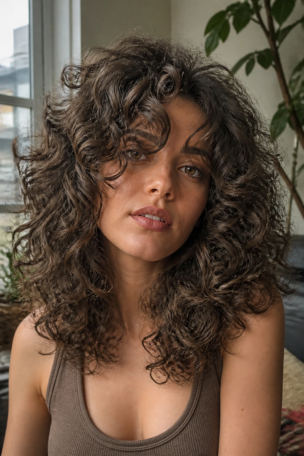 Close-up portrait of smoky ash brown curls on a real person with cool-toned hair