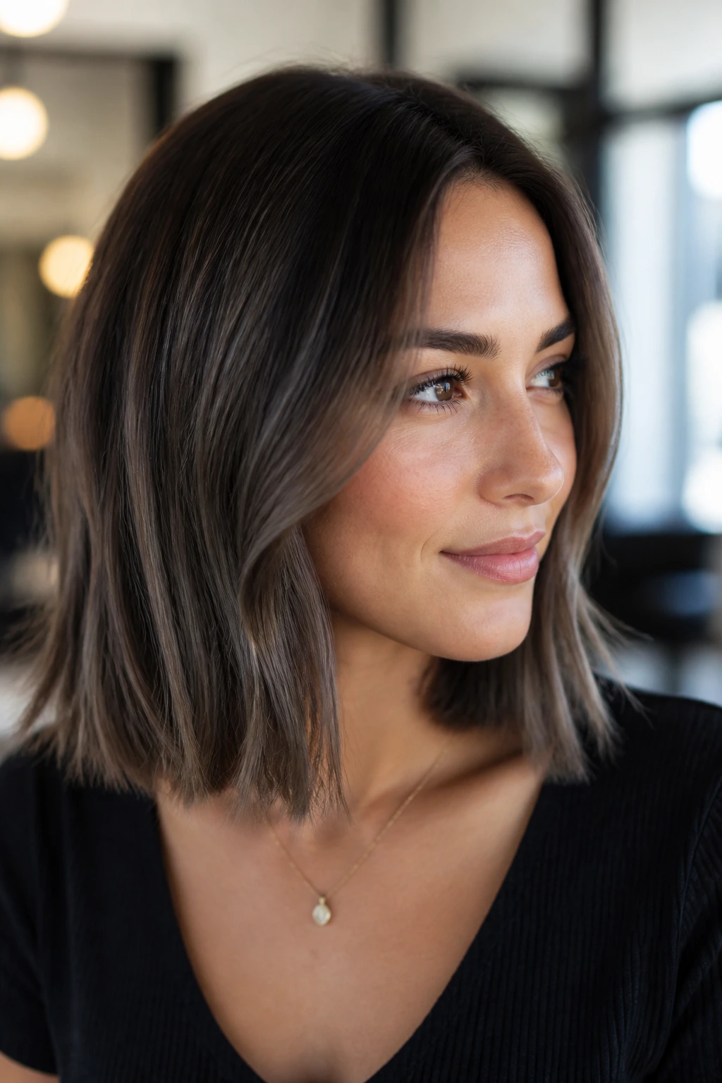 Close-up portrait of a real woman with smoky ash brunette lob hairstyle