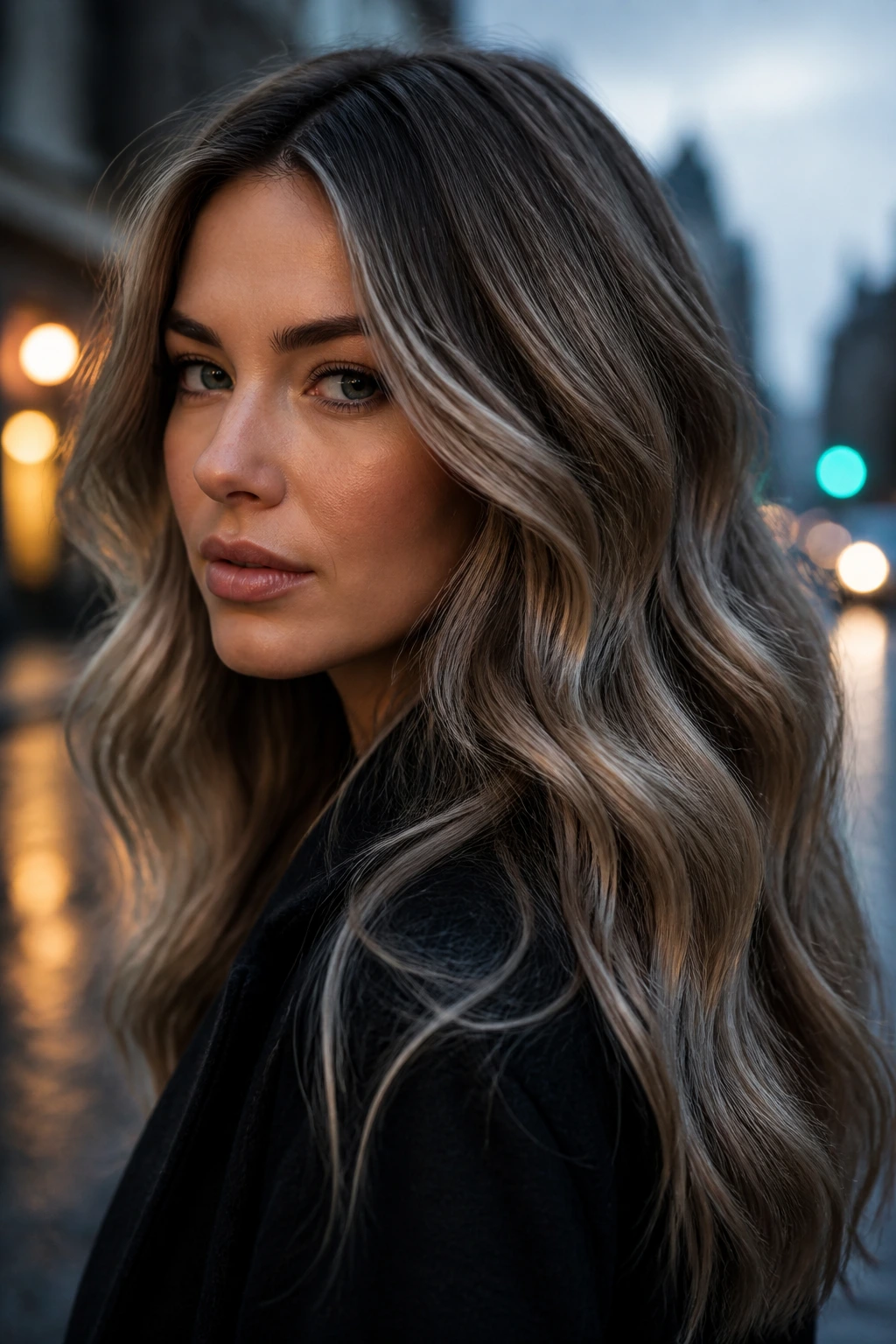 Close-up of a real woman with smoky ash waves in moody blue-hour lighting