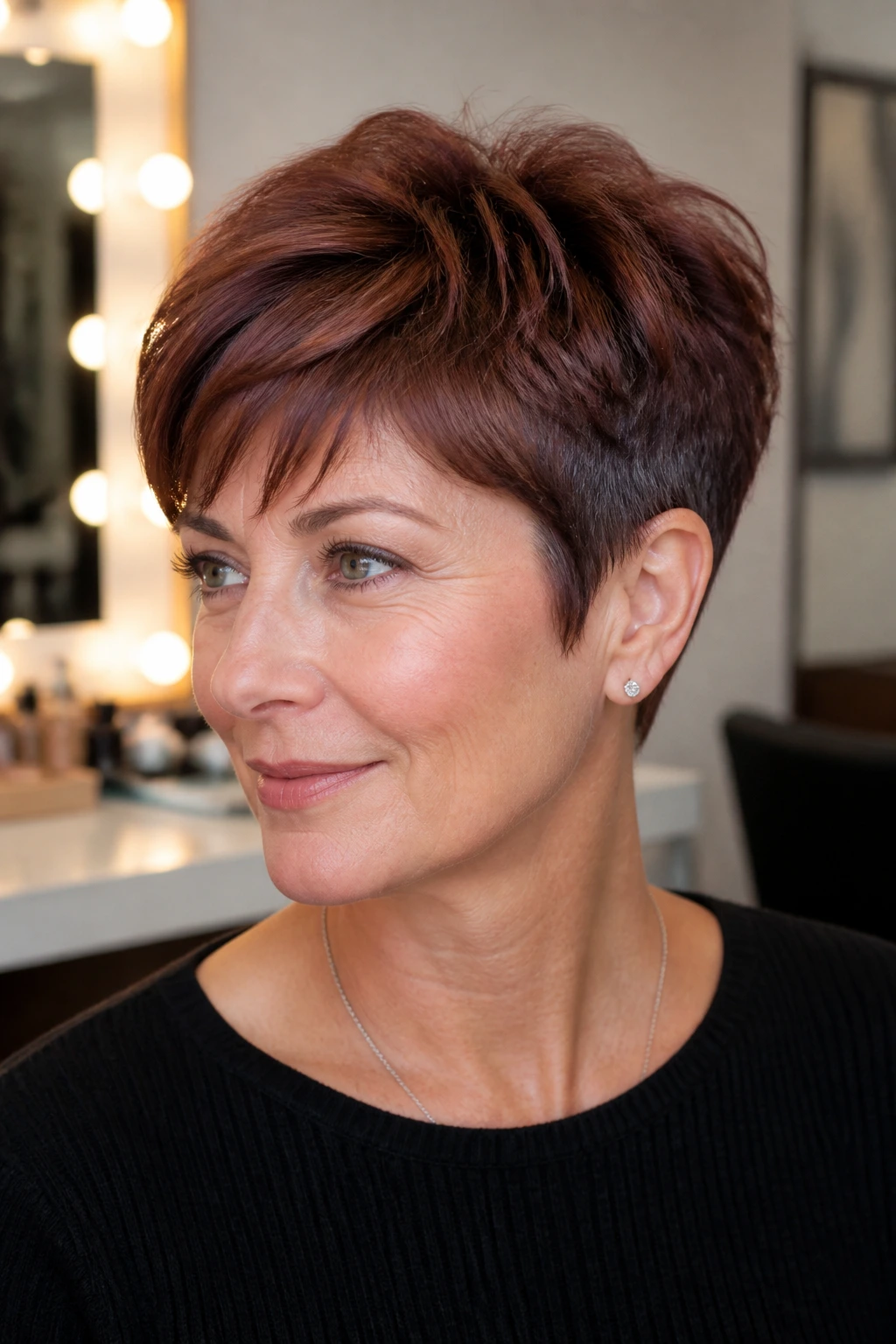 Close-up portrait of a real woman with smoky auburn pixie haircut