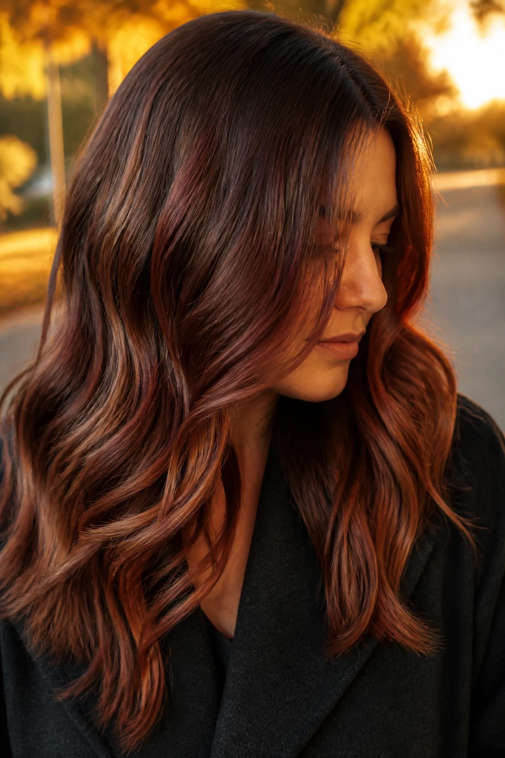 Portrait of smoky auburn waves with layered color