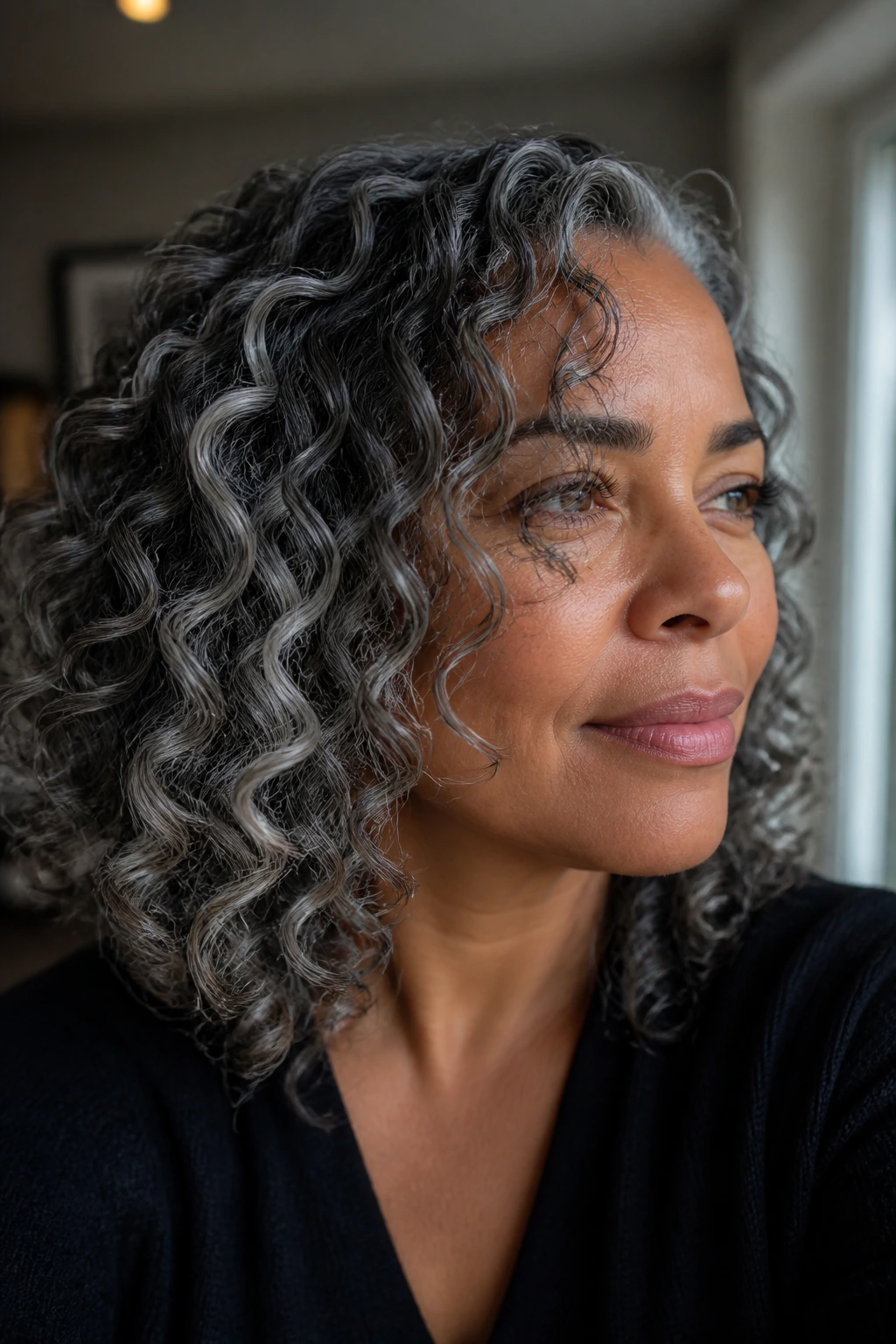 Close-up portrait of a person with smoky silver balayage on curly hair showing ribbon-like highlights