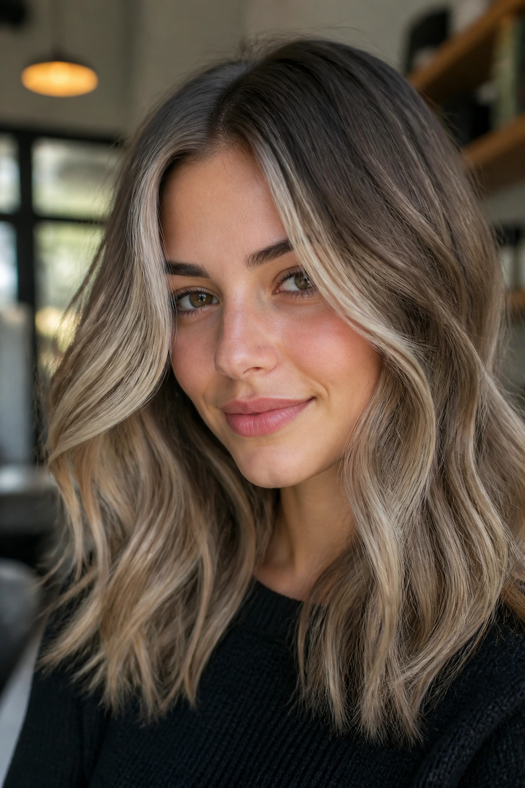 Close-up portrait of a woman with smoky beige balayage.