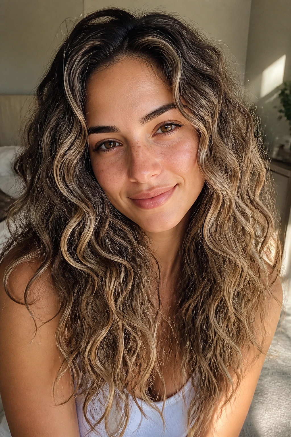 Close-up of real woman with smoky beige balayage on curly hair in natural window light