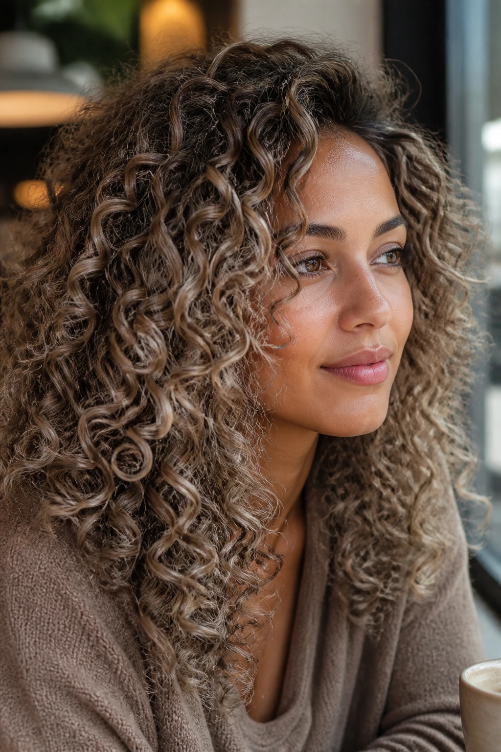 Close-up of smoky beige curly balayage on a real woman's hair