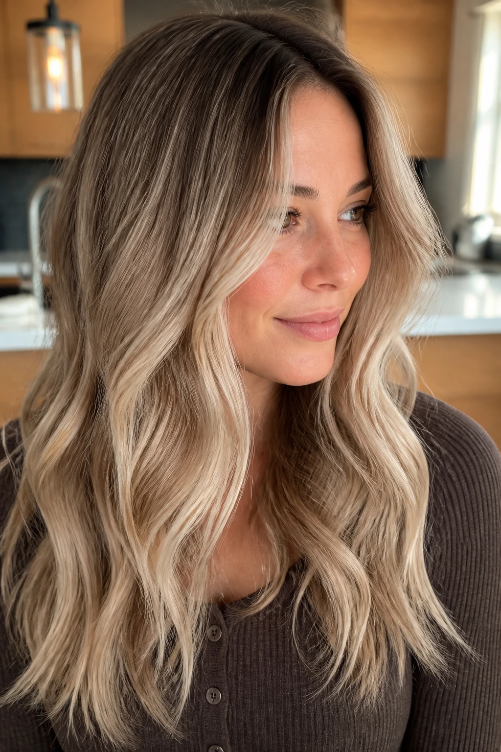 Real woman smoky beige balayage close-up.