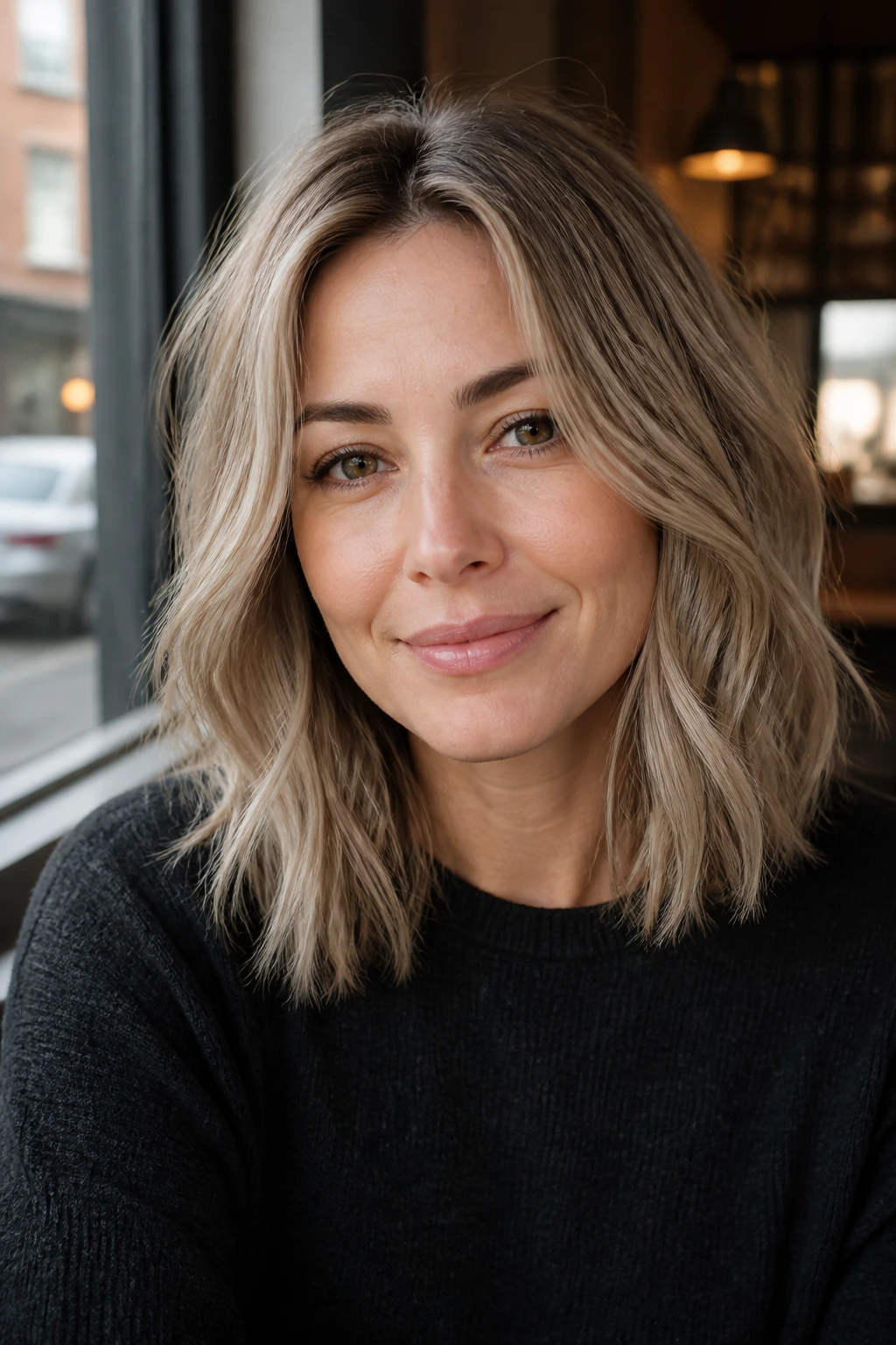 Real woman with smoky beige blonde hair and neutral root in a close-up portrait.