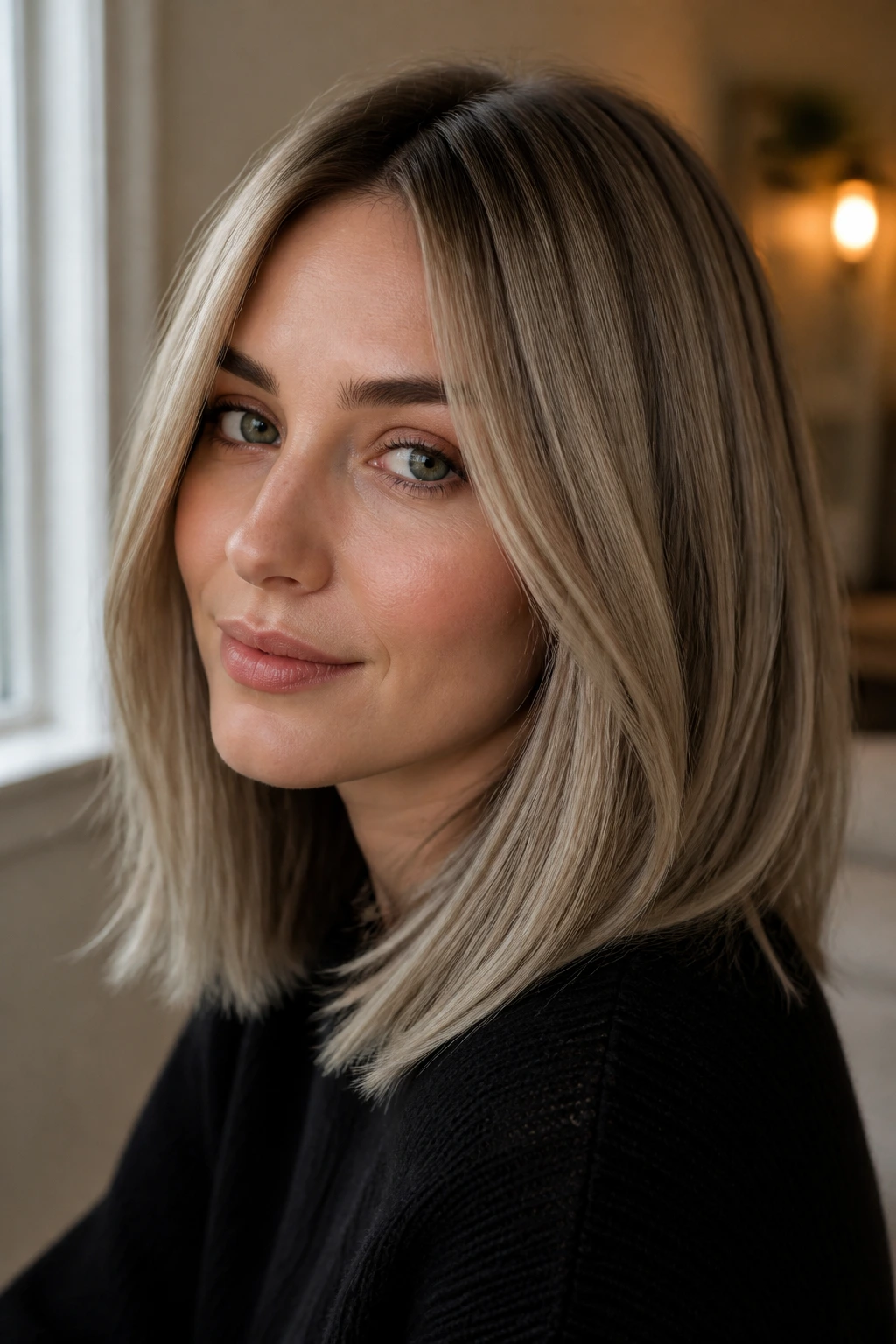 Portrait of a woman with Smoky Beige Blonde hair under warm indoor light