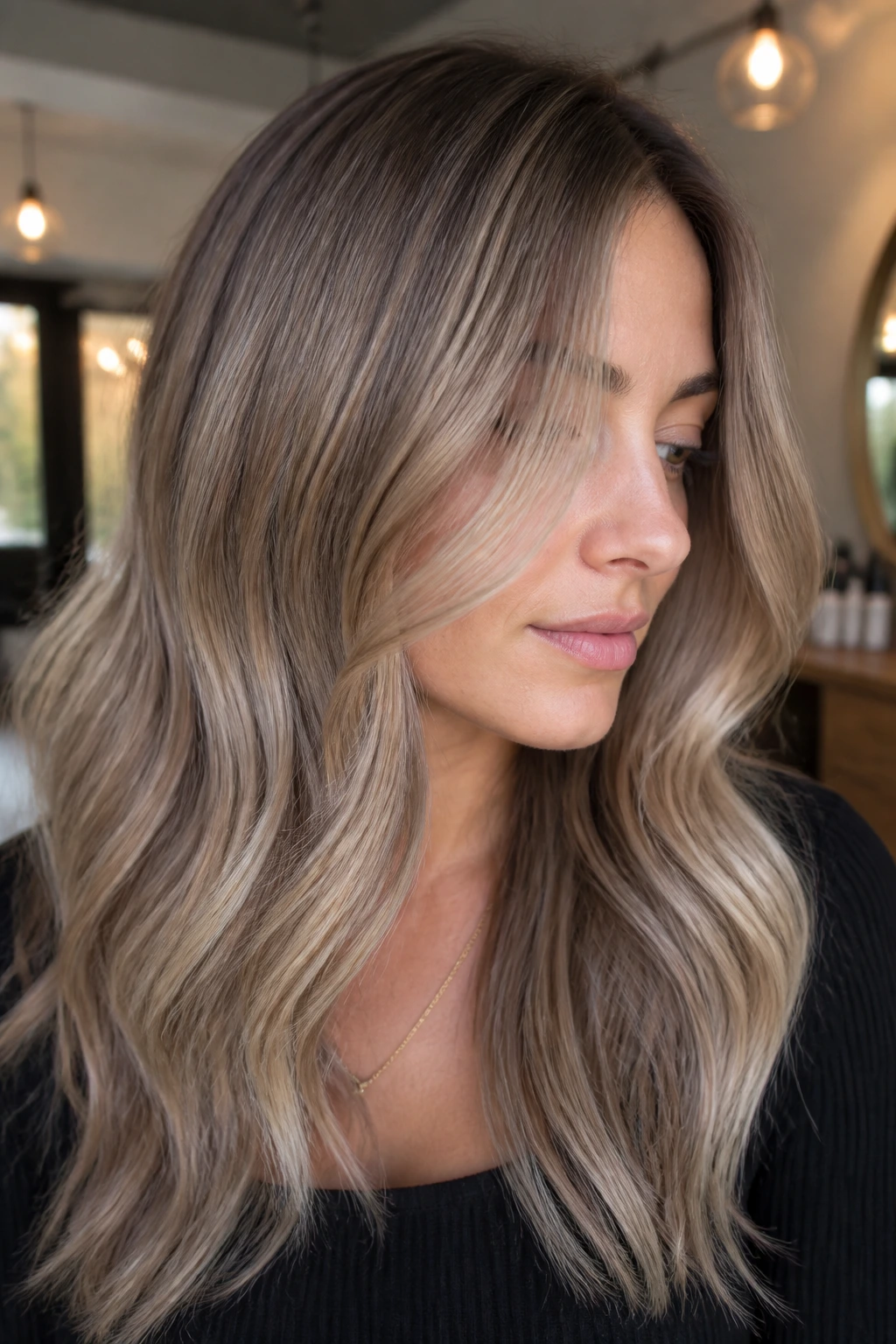 Portrait of a person with smoky beige blonde hair in warm salon light