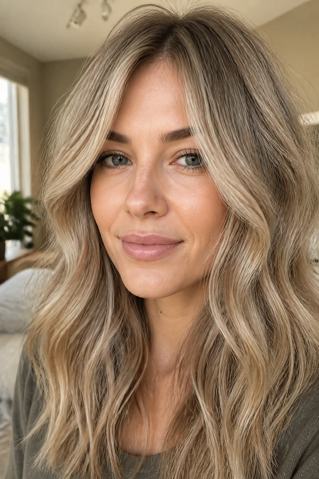Close-up portrait of a real woman with smoky beige blonde hair, soft dimension and natural window light.