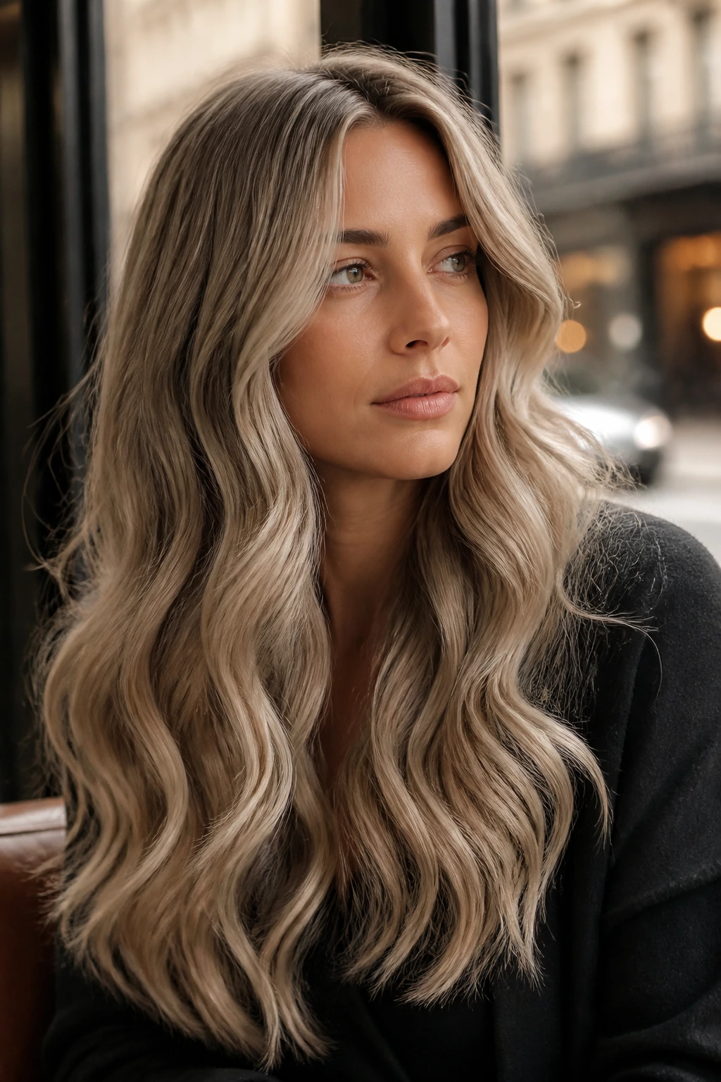 Portrait of a real woman with smoky beige blonde and wide waves hairstyle