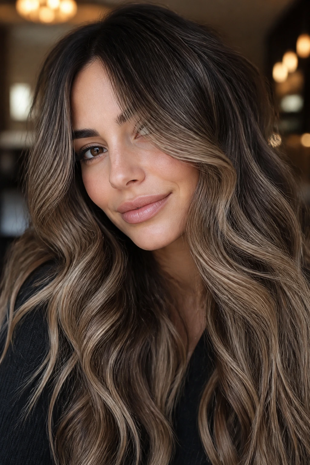 Close-up of real woman with smoky beige brunette balayage in a cozy setting