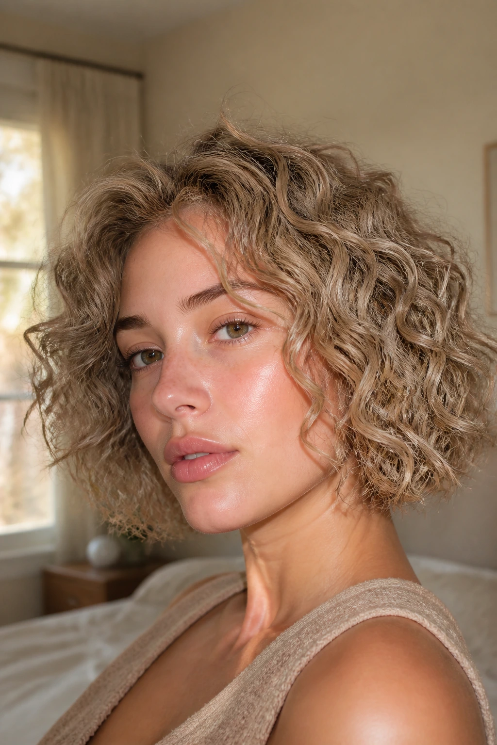 Close-up of a real woman with smoky beige curly bob hairstyle