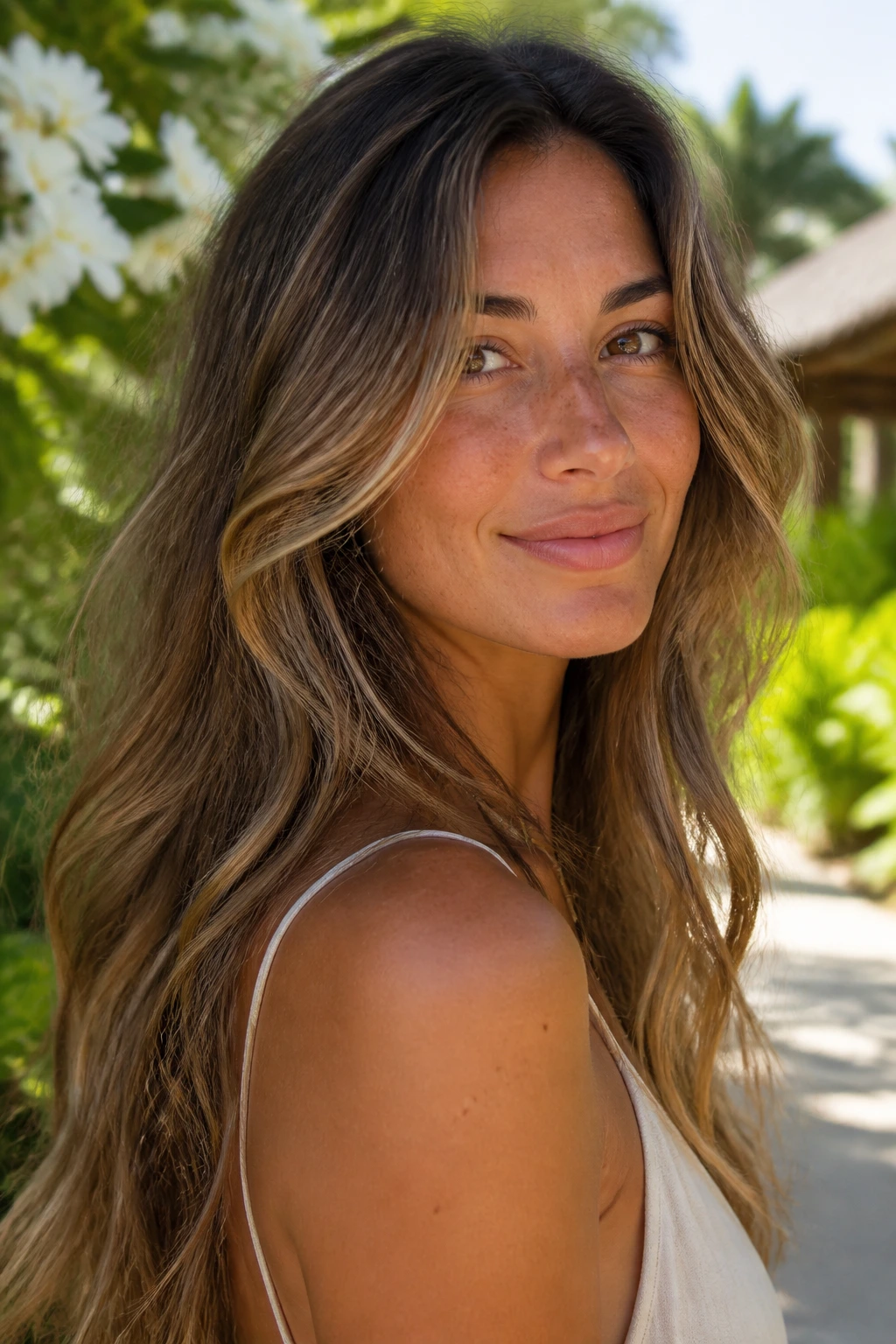 Portrait of a woman with smoky beige highlights in natural light