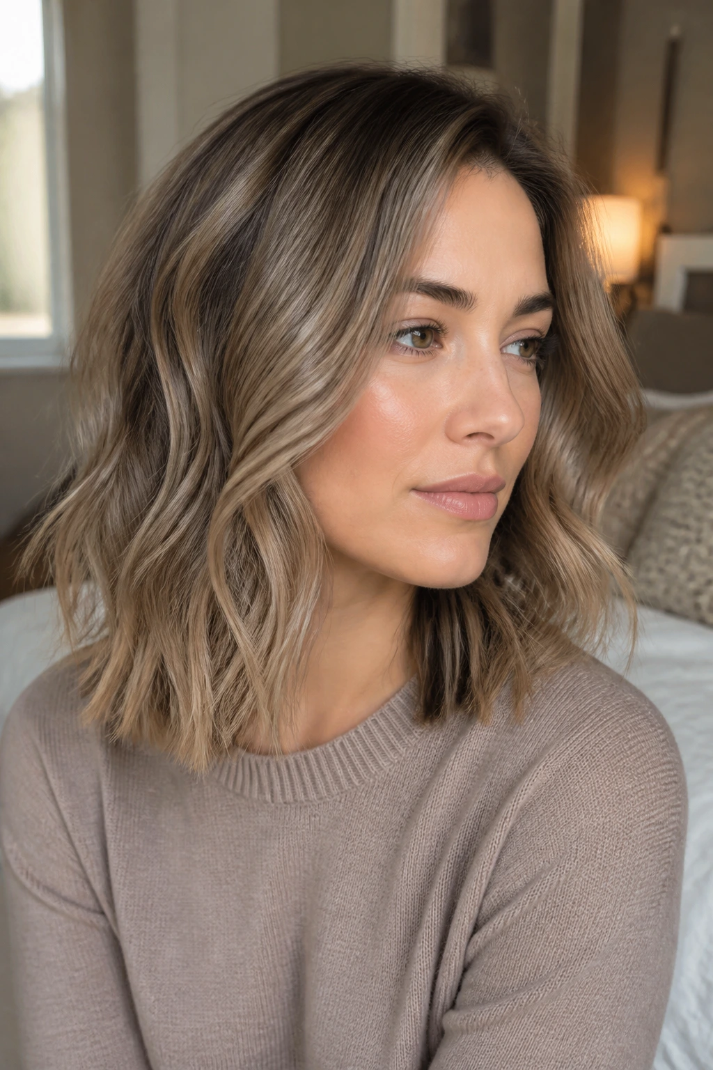 Close-up of a woman with a smoky beige lob hairstyle and soft waves in natural window light