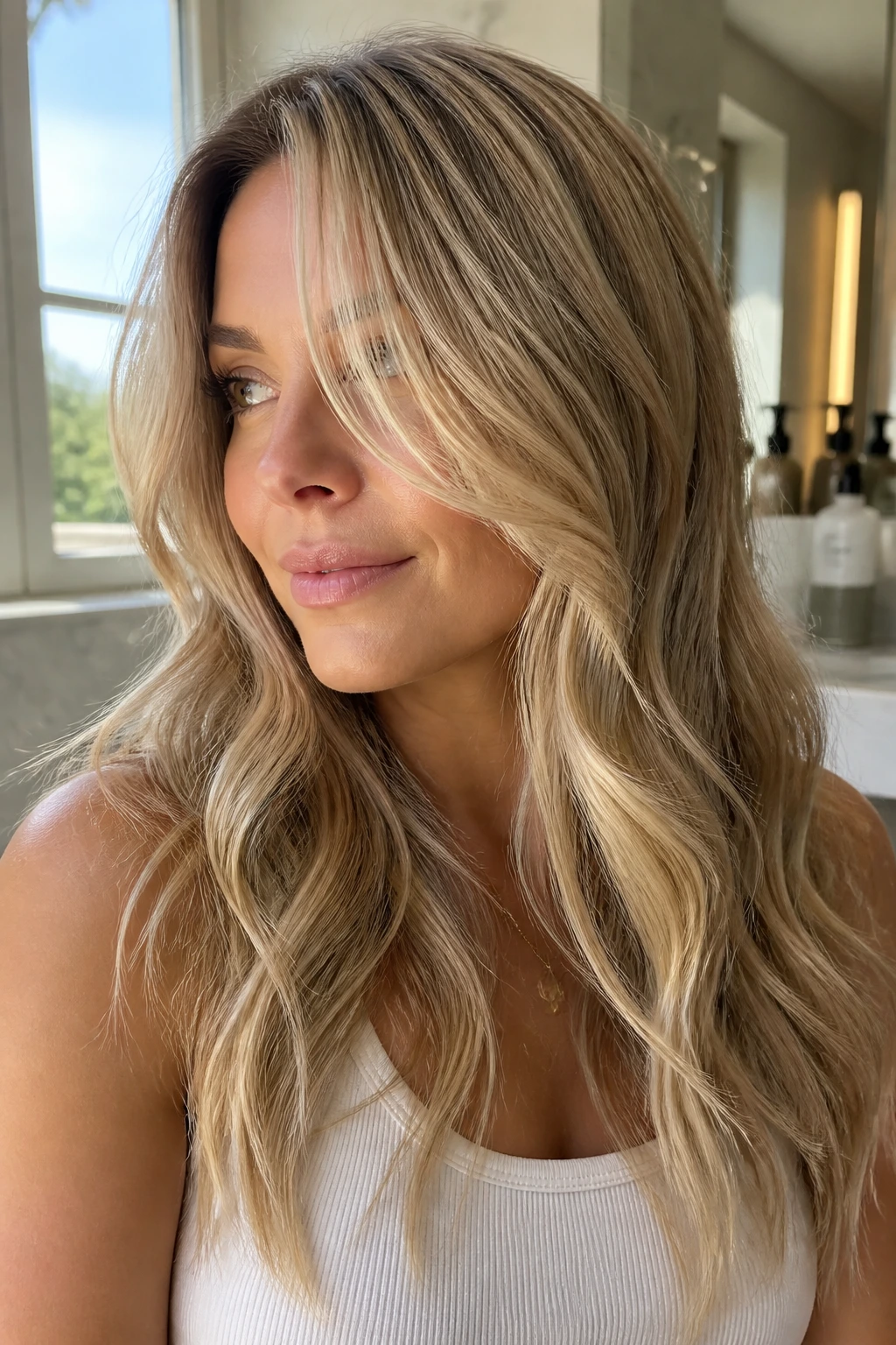 Close-up portrait of champagne blonde hair with smoky beige lowlights.
