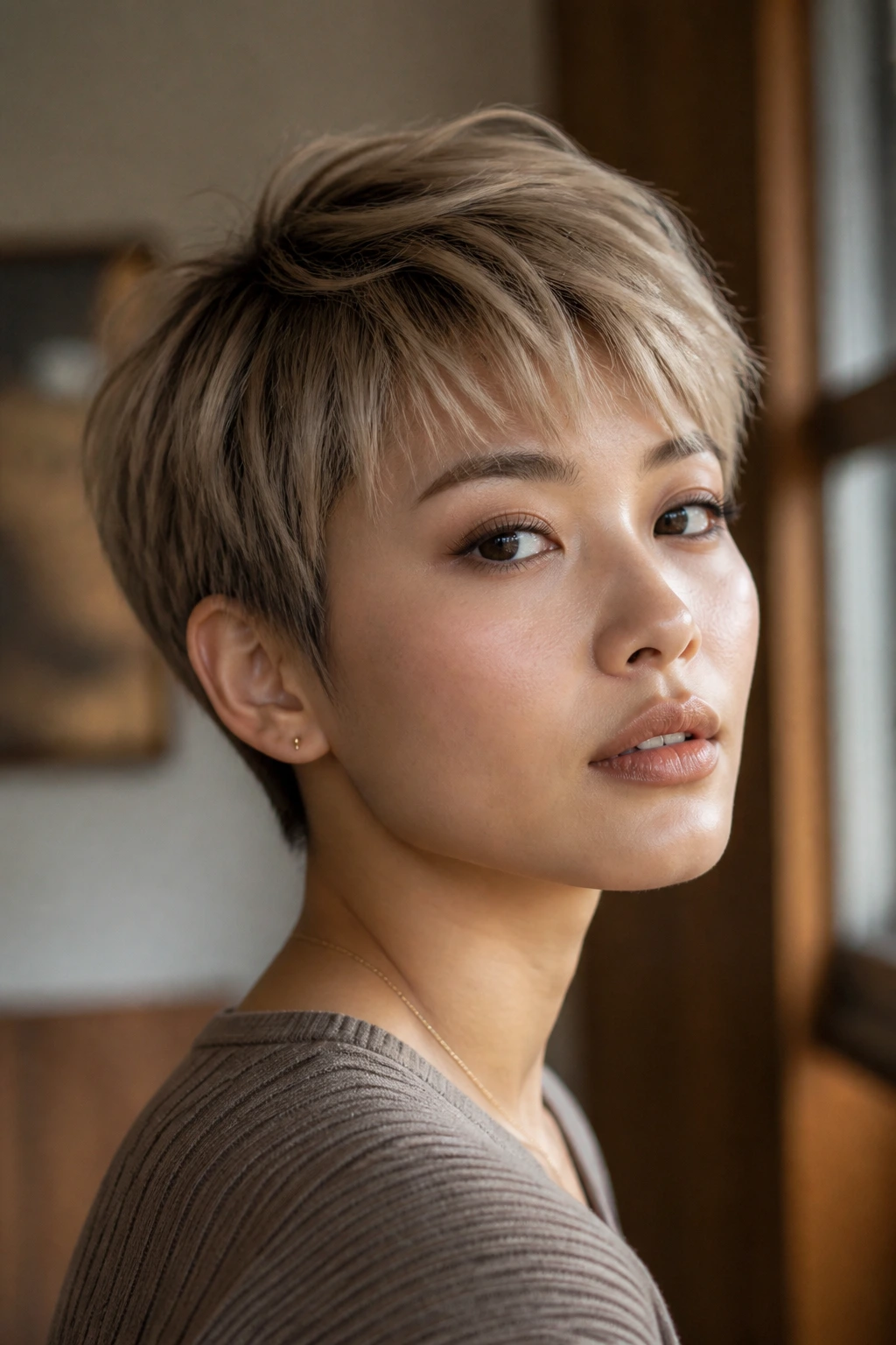 Portrait of a real woman with a smoky beige pixie showing ash-gold blend and soft root shadow.
