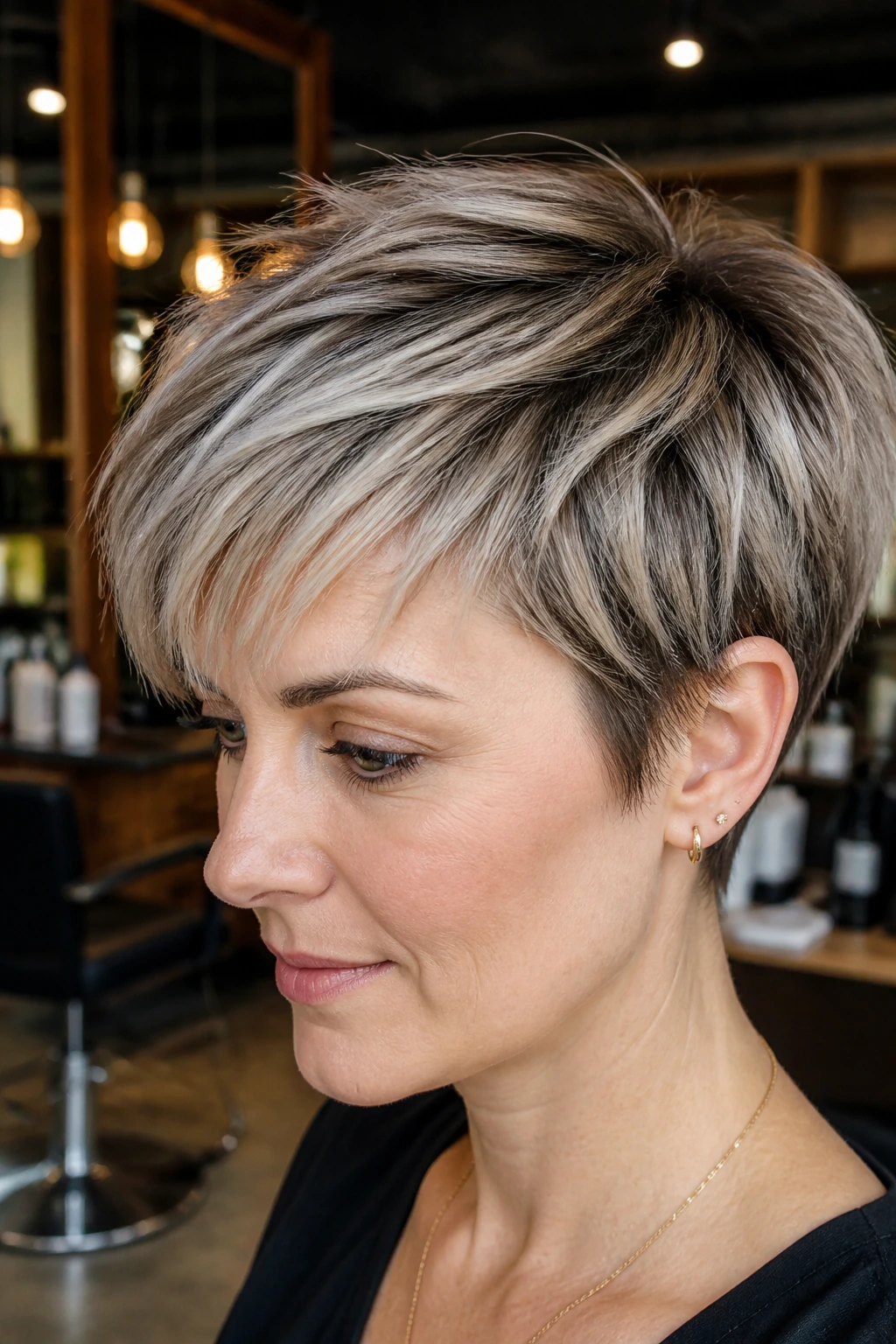 Portrait of a real person with smoky beige balayage on a pixie cut.